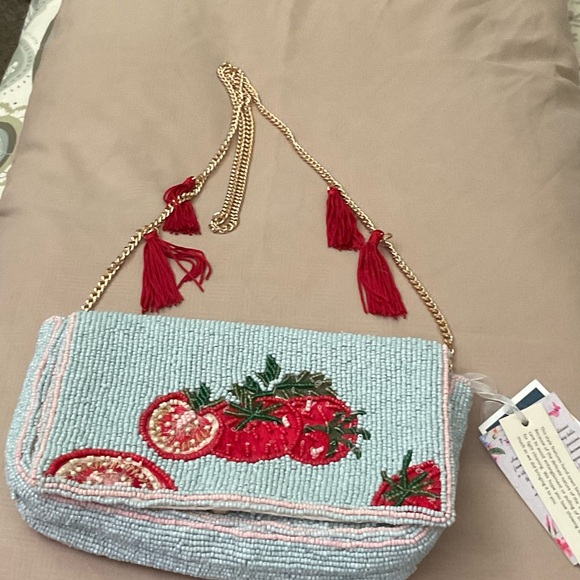 Elegant Beaded Crossbody Bag with Red and Blue Design - Picture 1 of 1